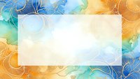 Watercolor floral frame with golden and blue tones, blank space for text or design elements, artistic border with hand-drawn botanical motifs and soft gradients.