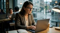Middle-aged woman with dark hair and glasses wearing a brown blazer working on laptop at wooden desk in modern office with city skyline view through windows, professional business environment.