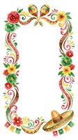 Colorful Mexican folk art border with maracas, sombrero, roses and decorative swirls on white background. Festive frame for Cinco de Mayo celebrations.