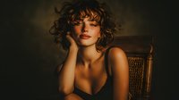 Young woman with curly hair in elegant black dress posing thoughtfully in vintage chair with warm golden lighting for fashion and lifestyle photography.