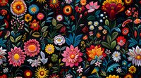 Vibrant folk art floral pattern with colorful blooming flowers, leaves, and whimsical garden elements on dark background. Seamless repeat design for fabric and decor.