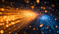Glowing orange and blue light rays burst with sparkles and bokeh effects against dark background, creating dynamic energy movement and cosmic atmosphere.