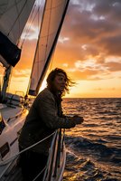 Young woman sailor enjoying golden sunset cruise on sailboat deck with dramatic orange sky and ocean waves creating adventurous maritime lifestyle moment.