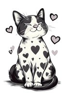 Cute cartoon cat with heart-shaped spots sitting contentedly with closed eyes, surrounded by floating hearts on white background.