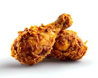 Crispy fried chicken drumsticks with golden brown crunchy coating isolated on white background, ready for menu, packaging and advertising designs.