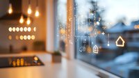 Festive window decorations with hanging geometric ornaments and house silhouettes against blurred warm interior lights create cozy winter atmosphere.