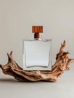 Clear glass perfume bottle with wooden cap resting on twisted driftwood branch against neutral beige background for luxury fragrance branding.