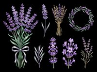 Lavender flower clipart set with bouquets, wreath, and sprigs isolated on transparent background. Great for stickers, t-shirt design, sublimation, and print on demand.