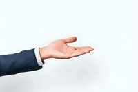 Professional male hand in business suit sleeve extending open palm gesture against white background, demonstrating presentation or offering position.