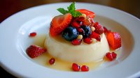Creamy panna cotta dessert topped with fresh strawberries, blueberries and pomegranate seeds, garnished with mint on white plate for restaurant menu.