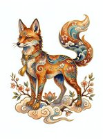 Ornate fox with decorative patterns, floral elements, and swirling details in warm tones. Isolated artwork suitable for prints, textiles, and design projects.