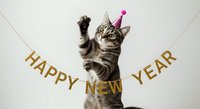 A tabby cat with raised paw wearing a pink party hat celebrates beneath a gold Happy New Year banner against white background, ready for holiday greeting cards and festive designs.