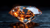 Brilliant cut diamond with warm orange light reflections on dark background, showcasing luxury gemstone facets and sparkle. Macro photography for jewelry design.