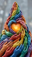 Multiple painted hands in rainbow colors stacked together holding glowing golden heart at center. Symbolizes unity, diversity, charity, community support and togetherness for nonprofit campaigns.