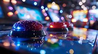 Police car emergency lights reflecting on wet surface at night with colorful bokeh background creates atmospheric urban scene with dramatic lighting effects.