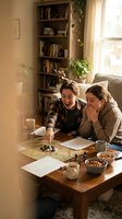 Two young women playing board game at home with coffee and snacks on wooden table in cozy living room with bookshelf and natural light from window.