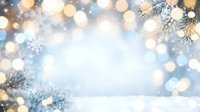 Snowy winter landscape with frosted evergreen branches, golden bokeh lights, and sparkling snowflakes creating festive holiday atmosphere for seasonal greeting cards and decorations.