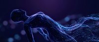 Glowing blue digital human figure in motion against dark background, representing technology, artificial intelligence, innovation, and futuristic concepts for digital transformation projects.