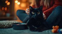 Black cat with glowing eyes resting on cozy sofa next to food bowl in warm evening atmosphere with blurred bokeh lights and knitted blanket in background.