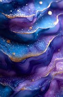 Abstract fluid art with deep blue and purple waves adorned with golden glitter and sparkles creating a luxurious cosmic effect, suitable for modern wall decor.