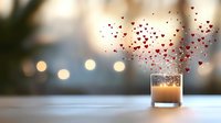 Romantic glowing candle in glass holder with floating red hearts against blurred bokeh lights, creating magical Valentine's Day atmosphere on wooden surface.