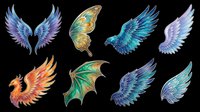 Fantasy wings clipart set with angel, phoenix, butterfly, dragon, and bird wings isolated on transparent background. Ready for stickers, t-shirt design, and print on demand.