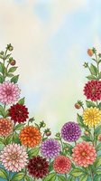 Watercolor dahlia garden border with colorful blooms in pink, red, purple, yellow and orange on soft pastel background for cards and prints.