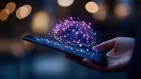 Glowing purple brain hologram floating above smartphone screen with sparkles and bokeh lights, representing artificial intelligence and digital mind technology.