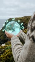 Hand holding glowing sphere with renewable energy icons including wind turbines, solar panels, water droplets, and recycling symbol against natural landscape background.