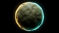 Glowing alien planet with textured rocky surface and luminous golden and cyan energy aura against dark space background for sci-fi and fantasy projects.