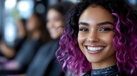 Young African American woman with vibrant purple curly hair and bright smile against blurred office background, expressing joy and confidence in professional setting.