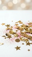 Golden confetti stars and circles with pink glitter scattered on white surface with warm bokeh lights background for celebration and party decoration.