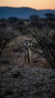 Meerkat standing alert on cracked earth during golden hour sunset in African savanna landscape with acacia trees and mountains in background.