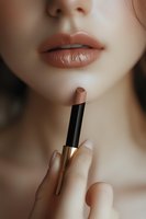 Close-up of nude brown lipstick and full lips against soft blurred background, showing manicured fingers holding luxury cosmetic product for beauty advertising.