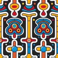 Vibrant geometric seamless pattern with retro style shapes in yellow, red, blue and white on black background. Abstract repeating design for fabric, wallpaper and surface prints.