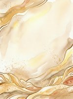 Fluid watercolor abstract background with organic flowing waves in warm earth tones, gold, and cream, featuring decorative line details and sparkle accents for elegant design projects.