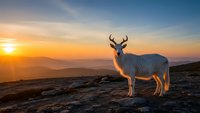 Majestic white deer with antlers standing on rocky mountain summit during golden sunrise with layered mountain ranges and dramatic sky in background.