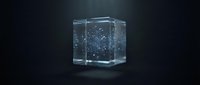 Transparent glass cube with glowing blue particles and light effects floating inside, isolated on dark background for design and technology projects.