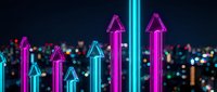 Neon glowing arrows pointing upward against blurred city lights background representing business growth, success, progress and financial advancement.