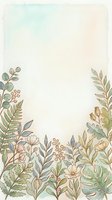 Soft watercolor botanical border with green leaves, ferns, berries, and delicate flowers on a pastel background with copy space.