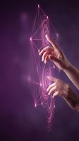 Hands interacting with glowing purple holographic geometric network interface, futuristic digital technology concept for innovation, metaverse, and virtual reality applications.