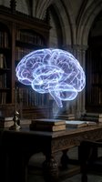 Glowing neon brain hologram floating above wooden desk in gothic library with books and brass lamp, representing artificial intelligence, knowledge, and digital learning concepts.