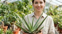 Young Caucasian woman botanist holding aloe vera plant in greenhouse nursery, smiling at camera while surrounded by green potted plants and natural lighting.