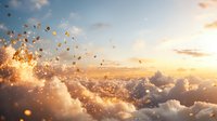 Magical sunset sky above fluffy clouds with golden glowing particles floating in sunlight, dreamy atmospheric scene with sparkles and light effects.