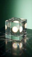 Modern glass cube lamp with warm LED lights glowing through transparent sides, positioned on dark marble surface against soft green gradient background for contemporary interior design.