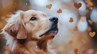 Golden retriever with gentle expression gazing upward surrounded by floating copper hearts and bokeh lights, conveying love, companionship and warmth for pet-related designs.