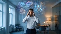 Stressed businessman with headache surrounded by glowing brain and AI technology holograms in modern office environment for mental health concepts.