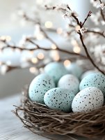 Speckled blue and white Easter eggs in natural nest with delicate spring cherry blossoms and soft bokeh lights creating festive seasonal atmosphere.
