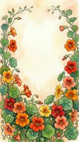 Watercolor nasturtium floral frame with orange, red and yellow blooms and green leaves, forming an oval border with copy space for text.
