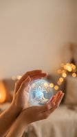 Hands protecting glowing tree of life symbol with warm bokeh lights creating spiritual wellness and environmental protection concept for meditation practices.